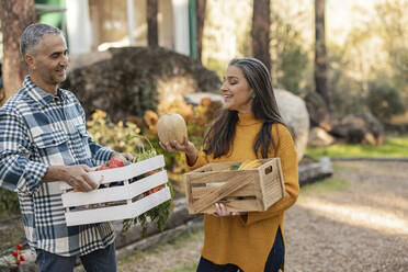 Mann und Frau tragen Kisten mit frisch geerntetem Bio-Gemüse und unterhalten sich auf einem Bauernhof - JCCMF08404