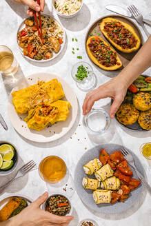 Tisch mit verschiedenen Gerichten wie Chop Suey, gefüllten Kartoffeln, Fajitas, Reismuffins, Ricotta-Rollen und verschiedenen Salaten - FLMF00868
