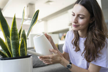 Beautiful woman watering potted plant at home - SVKF00856