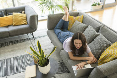 Freelancer mit Laptop auf dem Sofa im Wohnzimmer zu Hause liegend - SVKF00868