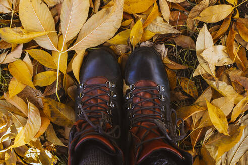 Boots of person standing on fallen leaves - EGHF00681