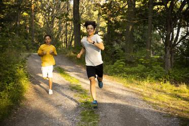 Aufgeregte Jungen, die in den Ferien gemeinsam auf einem unbefestigten Weg im Wald laufen - MASF33483