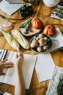 Hohe Winkel Ansicht der verschiedenen Gemüse mit Lebensmittel-Stylist Schreiben in Buch am Tisch - MASF33670