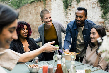 Glückliche Freunde verbringen ihre Freizeit miteinander bei einer Gartenparty im Hinterhof - MASF33831