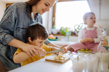 Eine Mutter von zwei kleinen Kindern bereitet das Frühstück in der Küche zu Hause vor. - HPIF03227