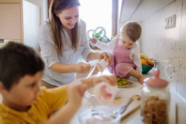 Eine Mutter von zwei kleinen Kindern bereitet das Frühstück in der Küche zu Hause vor. - HPIF03230