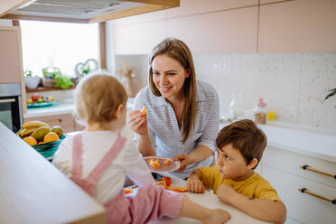 Eine Mutter von zwei kleinen Kindern bereitet das Frühstück in der Küche zu Hause vor. - HPIF03239