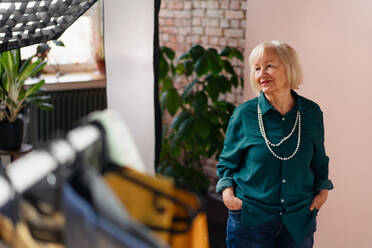 A smiling elderly woman posing at stylish showroom. - HPIF03449