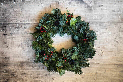 Studio shot of wreath made of spruce, juniper, ivy and rose hips - EVGF04186