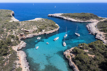 Spain, Balearic Islands, Majorca, Aerial view of Cala Sa Nau bay in summer - AMF09696