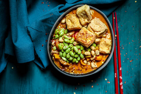 Bowl of ready to eat vegan curry with edamame and tofu - SBDF04587