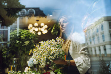 Nachdenklicher Florist mit Gänseblümchenstrauß durch Glasfenster gesehen - MDOF00367