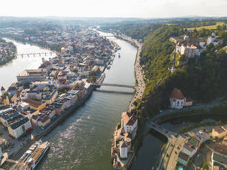 Germany, Bavaria, Passau, Aerial view of old town surrounded by Danube, Inn and Ilz rivers - TAMF03776