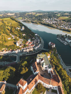 Germany, Bavaria, Passau, Aerial view of Veste Oberhaus fort and surrounding old town - TAMF03786