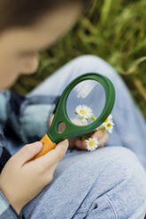 Boy looking at flowers with magnifying glass - ONAF00321