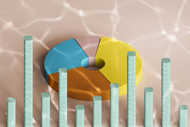 Balkendiagramme mit mehrfarbigem Kreisdiagramm im Hintergrund - GCAF00248