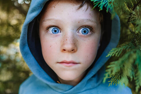 Blauäugiges Kind mit Kapuze auf dem Kopf, das schockiert in die Kamera schaut, vor einem unscharfen Hintergrund aus grünen Bäumen - ADSF42049
