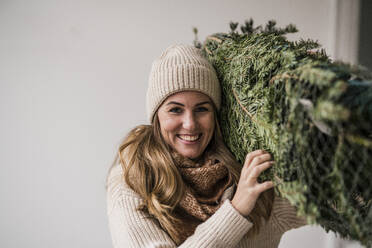 Smiling beautiful blond woman carrying Christmas tree at home - JOSEF15529