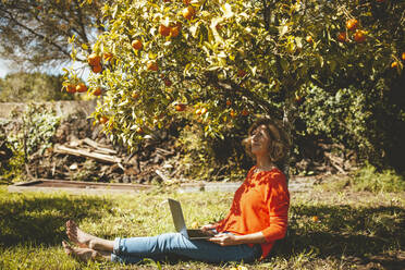 Ältere Frau sitzt mit Laptop unter Orangenbaum - JOSEF15600