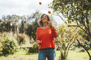 Happy mature woman juggling oranges standing by tree in garden - JOSEF15685