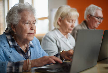 Eine Seniorengruppe im Altersheim lernt gemeinsam im Computerkurs - HPIF03503