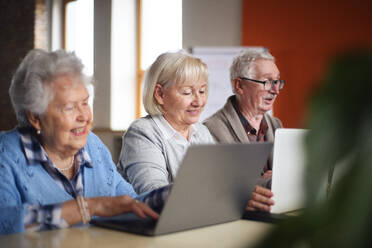 Eine Seniorengruppe im Altersheim lernt gemeinsam im Computerkurs - HPIF03505