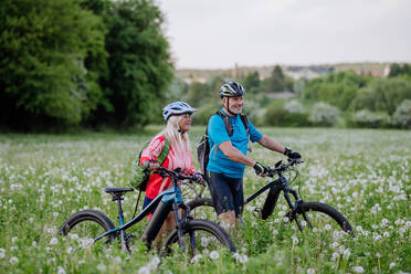 Ein aktives Seniorenpaar mit Elektrofahrrädern auf einer Wiese im Sommer, Konzept des gesunden Lebensstils. - HPIF03581