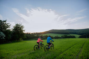 Ein aktives älteres Paar fährt mit Elektrofahrrädern auf einem Weg im Sommerpark, Konzept des gesunden Lebensstils, Rückansicht. - HPIF03584