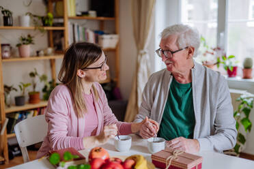 An adult daughter visiting her senior father at home and having coffee together, talking. - HPIF03669