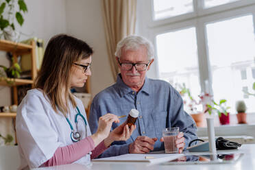 Eine medizinische Fachkraft oder eine Pflegekraft besucht einen älteren Mann zu Hause und erklärt ihm die Medikamentendosierung. - HPIF03764
