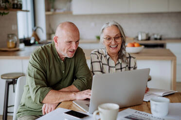 A happy senior couple calculate expenses or planning budget together at home. - HPIF03883