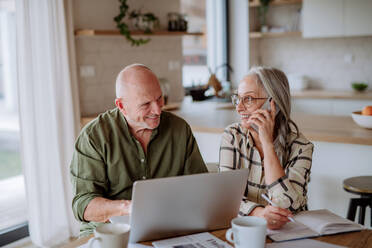 A happy senior couple calculate expenses or planning budget together at home. - HPIF03884