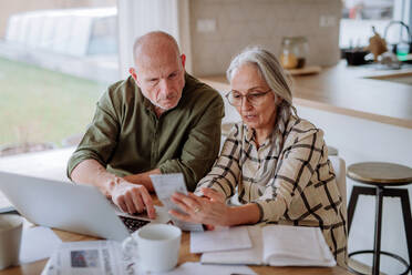 A stressed senior couple calculate expenses or planning budget together at home. - HPIF03887