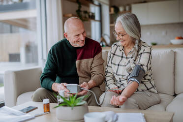 A senior couple at home measuring blood pressure. - HPIF03891