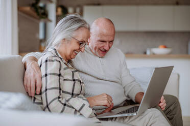 Fröhliches älteres Paar, das auf dem Sofa sitzt und gemeinsam einen Laptop benutzt. - HPIF03898