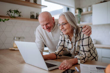 A happy senior couple calculate expenses or planning budget together at home. - HPIF03901