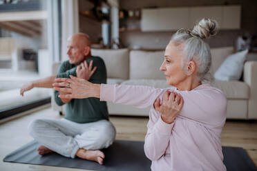 Ein älteres Ehepaar macht zu Hause gemeinsame Entspannungsübungen. - HPIF03913