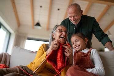 A grandmother sitting on sofa and teaching her granddaughter how to knit indoors at home. - HPIF04224