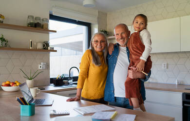 A small girl with senior grandparents doing maths homework at home. - HPIF04250