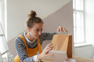 Porträt einer jungen Frau, die ein Regal in ihrem Haus neu einrichtet. Konzept der Wiederverwendung von Materialien und des nachhaltigen Lebensstils. - HPIF04268