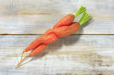 Two intertwined carrots lying on wooden surface - JTF02281