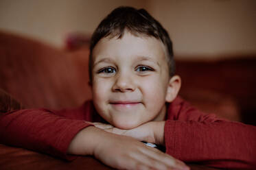 Ein Porträt eines süßen kleinen Jungen, der lächelnd in die Kamera blickt. - HPIF04436