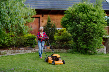 An ederly woman mowing grass with lawn mower in the garden, garden work concept. - HPIF04641