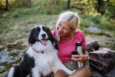 Ältere Frau macht Pause beim Spaziergang mit ihrem Hund im Wald. - HPIF04674