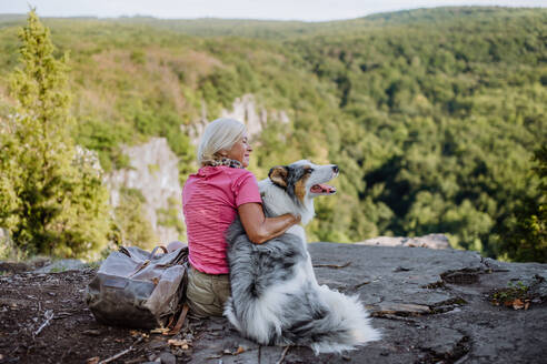 Ältere Frau ruht sich aus und streichelt ihren Hund bei einem Spaziergang im Wald, während sie gemeinsam die Aussicht genießt. - HPIF04679