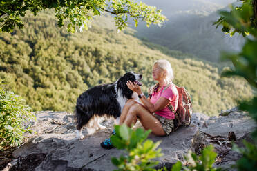 Ältere Frau ruht sich aus und streichelt ihren Hund beim Spaziergang im Wald. - HPIF04684