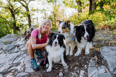 Ältere Frau macht Pause beim Spaziergang mit ihren drei Hunden im Wald. - HPIF04774