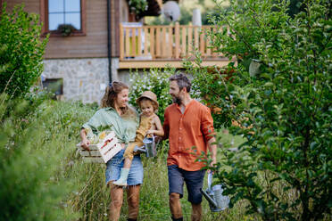 Eine glückliche Bauernfamilie mit frischer Ernte im Garten im Sommer. - HPIF04873