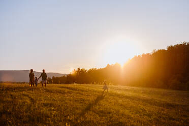 A happy young family spending time together outside in green nature. - HPIF04892