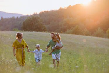 Eine glückliche junge Familie, die draußen in der grünen Natur Zeit miteinander verbringt. - HPIF04894